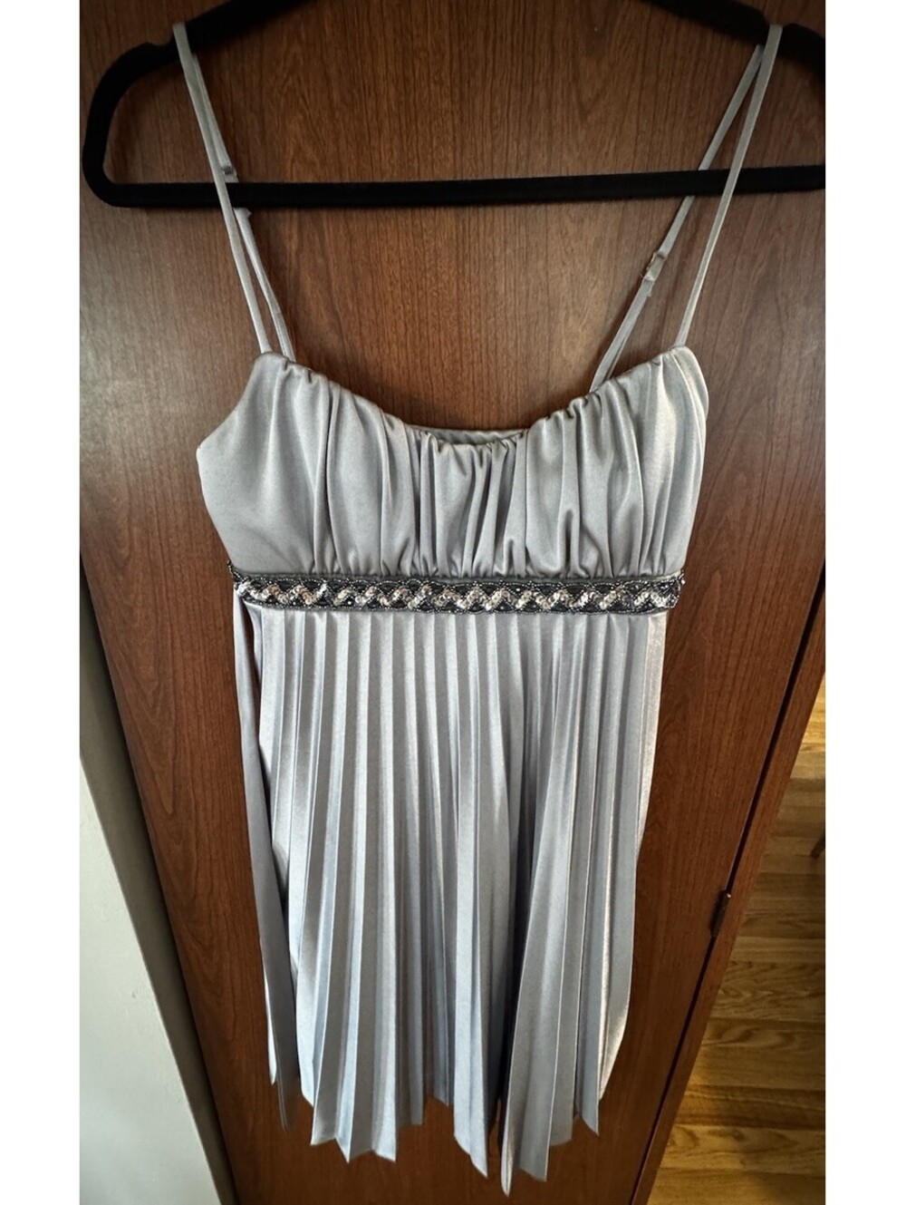 Speechless Gray Pleated Beaded Party Dress NWT Medium Spaghetti Strap USA